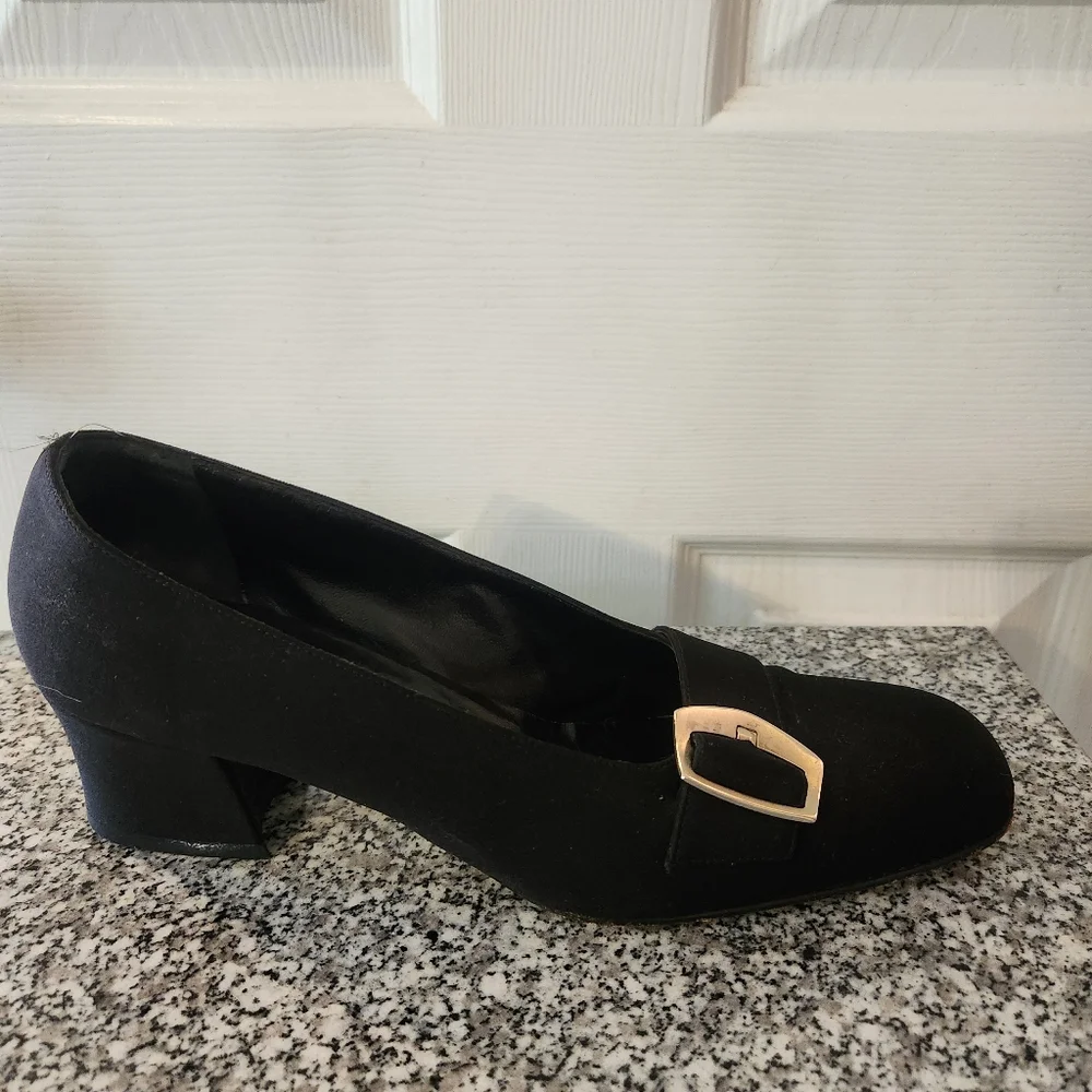 Paloma Made in Italy Black Leather Satin Fabric Heels Dark Academia Size 10.5AA